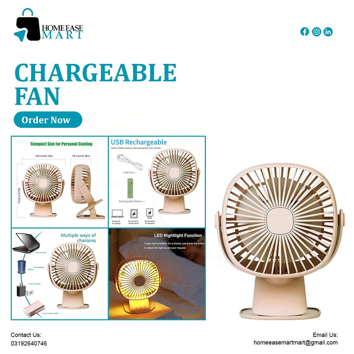 LED Light Table Fan – Mini Clip & Desk Fan, 360° Rotation, 3 Speeds